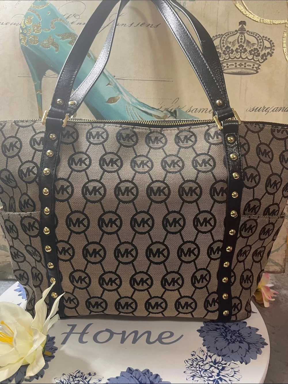 Michael Kors Brown and Black MK Logo Studded Tote